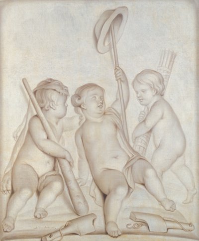 Tři cherubové (grisaille), Putti s atributy Herkula a Merkura, 1767 od Abraham Hendrick van Beesten