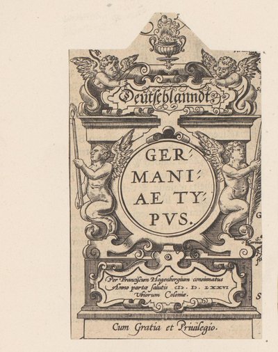 Kartuše se setkala s vier putti Kartuše van een kaart van Duitsland Deutschland Typ Německa (název na objektu) Theatrum Orbis Terrarum (název série) od Abraham Hogenberg