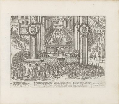 Pohled na exteriér Westminsterského opatství během korunovace Jakuba I., 1603-1604. od Abraham Hogenberg