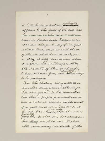 Rukopis podpisu Lincolnovy volební vítězné řeči jako prezidenta, pronesené ve Washingtonu D.C. z okna Bílého domu večer 10. listopadu od Abraham Lincoln