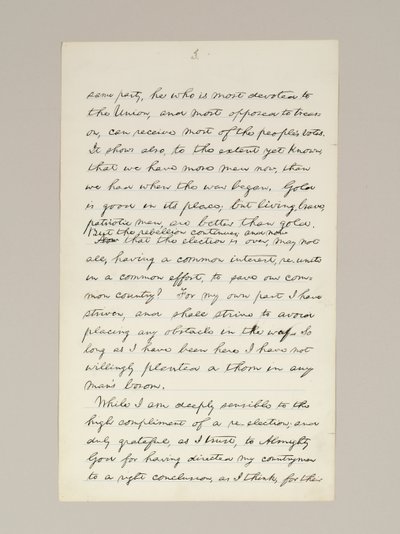 Rukopis podpisu Lincolnovy volební vítězné řeči jako prezidenta, pronesené ve Washingtonu D.C. z okna Bílého domu večer 10. listopadu od Abraham Lincoln
