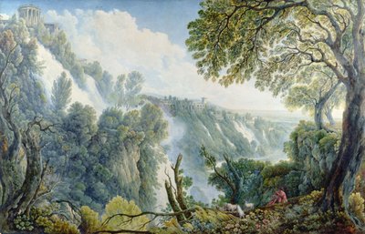 Vodopády Tivoli s mužem sedícím pod chrámem Sibyly (pero, inkoust, wc, kvaš) od Abraham Louis Rudolph Ducros