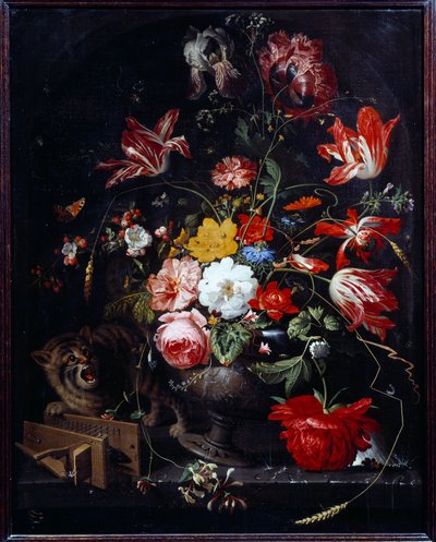 Kočka sráží vázu s květinami. Obraz Abrahama Mignona (1640-1679) ec. Všechno od Abraham Mignon