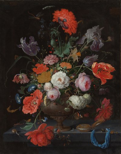 Zátiší s květinami a hodinkami, cca 1660-79 (olej na plátně) od Abraham Mignon