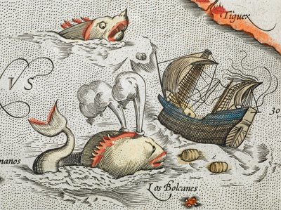 (Detail). Mořské příšery útočí na loď. od Abraham Ortelius