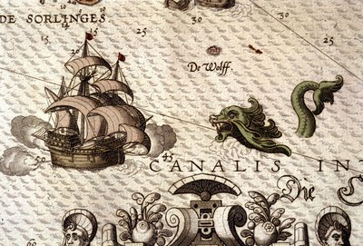 Mořské monstrum útočící na galeonu (karavelu). Detail mapy v "Theatrum Orbis Terrarum" od Abrahama Ortelia, Antverpy 1584 od Abraham Ortelius