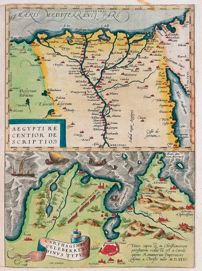 Novější popis Egypta. - Typ Kartágského zálivu Geografická mapa Egypta s městy Nilu a Kartága (Tunisko) z „Theatrum Orbis Terrarum“ od Abrahama Orteliuse (Oertel, Ortell nebo Ortel od Abraham Ortelius