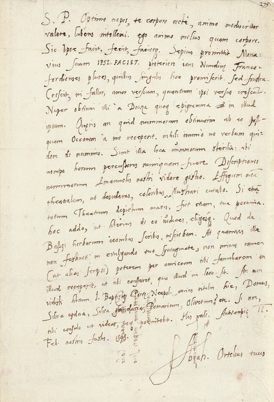 Autogram podepsaný jeho synovci Jacobu Coolovi (Jacobus Colius), Antverpy, 2. února 1595 (pero a inkoust na papíře) od Abraham Ortelius
