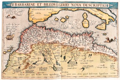 Barbaria a Biledulgerid Geografická mapa severní Afriky z „Theatrum Orbis Terrarum“ od Abrahama Orteliuse (Oertel, Ortell nebo Ortel od Abraham Ortelius