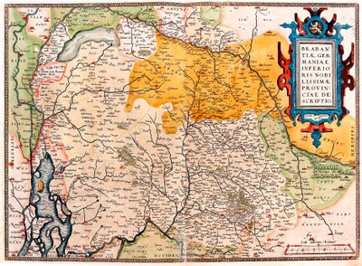 Geografická mapa území jižně od Nizozemska Germánská (Kempeland) převzatá z „Theatrum Orbis Terrarum“ od Abrahama Orteliuse (Oertel, Ortell nebo Ortel od Abraham Ortelius