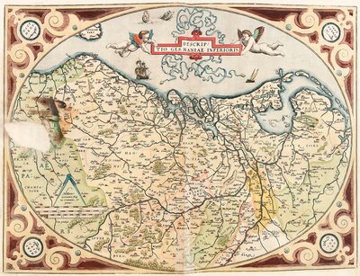 Popis Dolního Německa Zeměpisná mapa území Nizozemska Germánská z „Theatrum Orbis Terrarum“ od Abrahama Orteliuse (Oertel, Ortell nebo Ortel od Abraham Ortelius