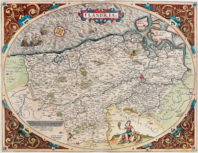 Flandry Geografická mapa území Flander z „Theatrum Orbis Terrarum“ od Abrahama Orteliuse (Oertel, Ortell nebo Ortel od Abraham Ortelius