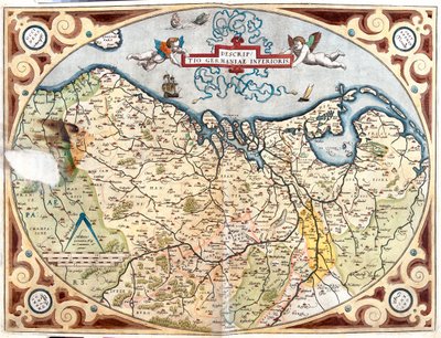 Francie (Region: (regiony: Horní Normandie, Pikardie, Severní Pas de Calais, Ile-de-France, Champagne-Ardenne, Lotrinsko), Belgie, Nizozemsko, Německo (spolkové země: Dolní Sasko, Severní Porýní-Vestfálsko, Porýní-Falc, Sársko), Lucembursko. od Abraham Ortelius