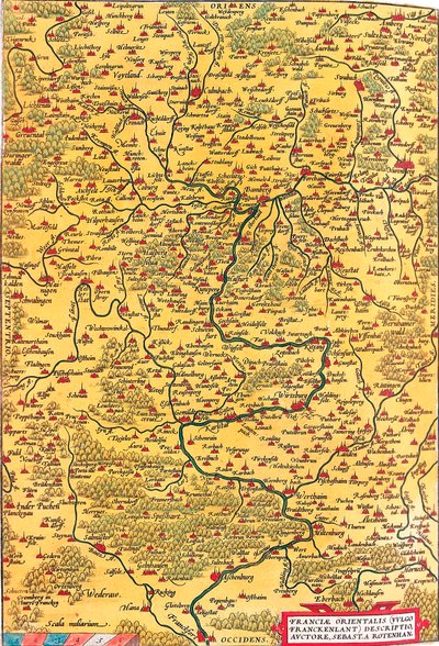Východní Francie (Common/Franckenlant) Popis, Autor, Sebast. A. Rotenhan Zeměpisná mapa území Franka v Německu s městem Frankfurt (také město Karlstadt..) převzatá z "Theatrum Orbis Terrarum" od Abrahama Ortelia (Oer od Abraham Ortelius