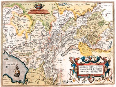 Gelriae, Cliviae, Finitimorum Qe Locos Verissima Descriptio Christiana Schrot Autorem Zeměpisná mapa území německého Nizozemska z „Theatrum Orbis Terrarum“ od Abrahama Orteliuse (Oertel, Ortell nebo Ortel od Abraham Ortelius