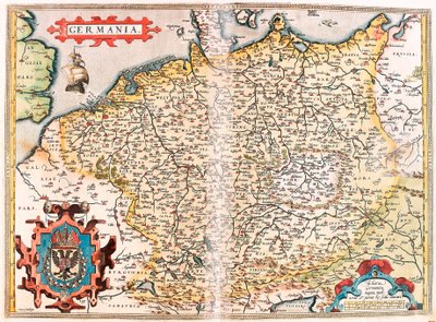Německo Zeměpisná mapa území Německa (Svatá germánská říše) z „Theatrum Orbis Terrarum“ od Abrahama Orteliuse (Oertel, Ortell nebo Ortel od Abraham Ortelius