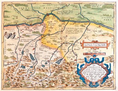 Německo (spolková země: Bavorsko), Rakousko (spolkové země: Tyrolsko, Horní Rakousy, Salcbursko) od Abraham Ortelius