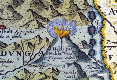 Sopka Hekla na Islandu. Atlas Abrahama Ortelia, Amsterdam 1588 od Abraham Ortelius