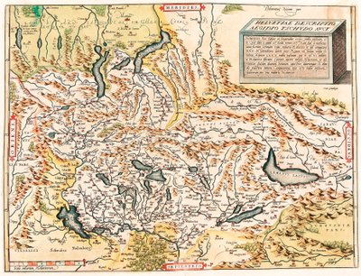 Helvetiae Popis Aegidius Tschudo Auct. Zeměpisná mapa švýcarských a francouzských Alp včetně jezer z „Theatrum Orbis Terrarum“ od Abrahama Orteliuse (Oertel, Ortell nebo Ortel od Abraham Ortelius