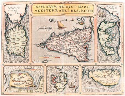 Popis několika ostrovů Středozemního moře. Zeměpisná mapa středomořských ostrovů Sicílie, Sardinie, Korfu, Malta, Djerba a Elba (Sicílie, Sardegna, Colfu, Malta Djerba, Elba) z "Theatrum Orbis Terrarum" od Abrahama Orteliuse (Oertel, Ortell od Abraham Ortelius