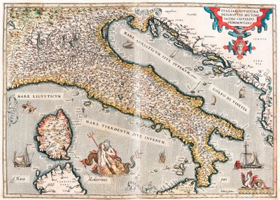 Poslední popis Itálie od autora Jacob Castaldo Piedmontano Zeměpisná mapa území Itálie převzatá z „Theatrum Orbis Terrarum“ od Abrahama Orteliuse (Oertel, Ortell nebo Ortel od Abraham Ortelius