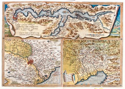 Komské jezero (Itálie; region: Lombardie), Řím (Itálie; region: Lazio), Terstský záliv (Itálie: region Friuli-Venezia Giulia; Slovinsko: tradiční region Slovinské přímoří; Chorvatsko: Istrijská župa) od Abraham Ortelius