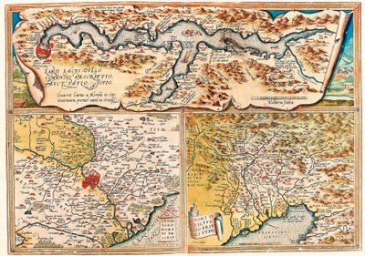 Jezero Larii se běžně nazývalo římské fórum Tertius. Geografická mapa severní Itálie z „Theatrum Orbis Terrarum“ od Abrahama Orteliuse (Oertel, Ortell nebo Ortel od Abraham Ortelius