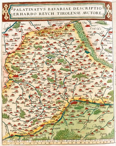 Falc Bavorsko Zeměpisná mapa území Baviere v Německu z "Theatrum of the World" od Abrahama Ortelia (Oertel, Ortell nebo Ortel od Abraham Ortelius