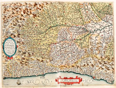 Regiony Piemontese a Vicino Geografická mapa území Itálie od Monaka ve Francii po Genes a procházející provinciemi Imperia de Savona a Janov z „Theatrum Orbis Terrarum“ od Abrahama Ortelia ( od Abraham Ortelius