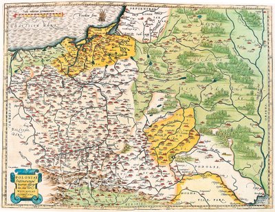 Popis Polska a okolních míst. Zeměpisná mapa Polska z „Theatrum Orbis Terrarum“ od Abrahama Orteliuse (Oertel, Ortell nebo Ortel od Abraham Ortelius