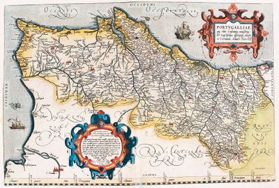 Portugalská zeměpisná mapa území Portugalska z „Theatrum Orbis Terrarum“ od Abrahama Orteliuse (Oertel, Ortell nebo Ortel od Abraham Ortelius
