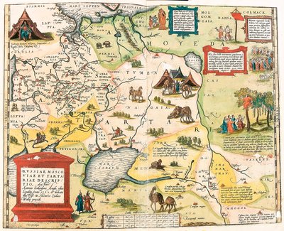 Rusko, Moskva a Tartarie. od Antonia Jenkensona Anglo, vydané v Londýně v roce 1562 Zeměpisná mapa území Ruska z „Theatrum Orbis Terrarum“ od Abrahama Orteliuse (Oertel, Ortell nebo Ortel od Abraham Ortelius