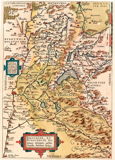Popis Savojska a Burgundska Zeměpisná mapa území Burgundska a Savojska (Pontarlier, Dijon, Lac Leman a Švýcarsko) z "Theatrum Orbis Terrarum" od Abrahama Orteliuse (Oertel, Ortell nebo Ortel od Abraham Ortelius
