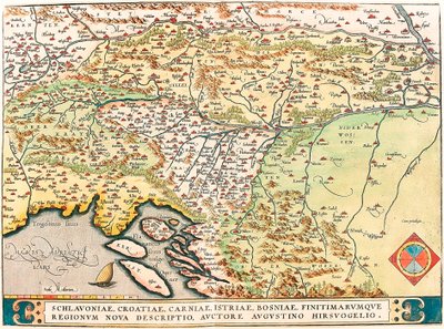 Schlavoniae, Chorvatsko, Carniae, Istrie, Bosnae, Bordereum Regionum Nova Descriptio, Authore Augustino Hirsuogelio Zeměpisná mapa území Slavonie, Chorvatska, Bosny a Dalmácie z "Theatrum Orbis Terrarum" od Abrahama Orteliuse od Abraham Ortelius