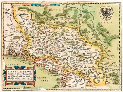 Slezsko Typ Popis a popis a upravil Martin Heilwid Neilsense a šlechtický manžel Nicolas Rhedinger Anno 1561 Zeměpisná mapa území jižně od Frankfurtu v Německu poblíž Polska z „Theatrum Orbis Terrarum“ od Abrahama Orteliuse ( od Abraham Ortelius