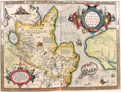 Tartarus z Velkého království Chami Zeměpisná mapa tatarského území z "Theatrum of the World" od Abrahama Ortelia (Oertel, Ortell nebo Ortel od Abraham Ortelius