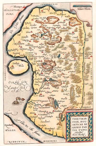 Thietmarsiae, Holsaticae regionální strany typus Zeměpisná mapa severního Německa s městem Kuden převzatá z „Theatrum Orbis Terrarum“ od Abrahama Orteliuse (Oertel, Ortell nebo Ortel). od Abraham Ortelius
