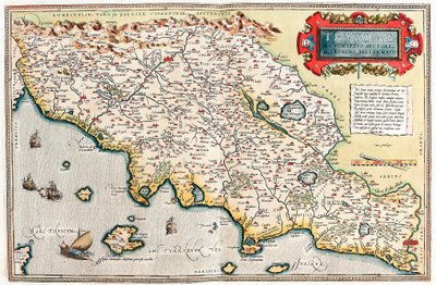 Theseciae Popis autora Hieronymo Bellamarto Zeměpisná mapa území Toskánska v Itálii z "Theatrum Orbis Terrarum" od Abrahama Orteliuse (Oertel, Ortell nebo Ortel od Abraham Ortelius