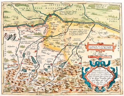 Typus Vindeliciae Ssive Oba Bavorsko: Podle starověkého a moderního místa popsaného Johnem Aventinem... Zeměpisná mapa území Baviere v Německu z „Theatrum Orbis Terrarum“ od Abrahama Orteliuse (Oertel, Ortell nebo Ortel od Abraham Ortelius