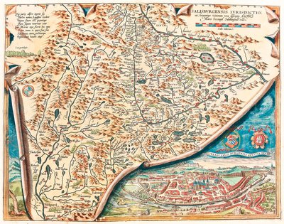 Skutečný popis města Salzburg Zeměpisná mapa území Salsburgu v Rakousku z „Theatrum Orbis Terrarum“ od Abrahama Orteliuse (Oertel, Ortell nebo Ortel od Abraham Ortelius