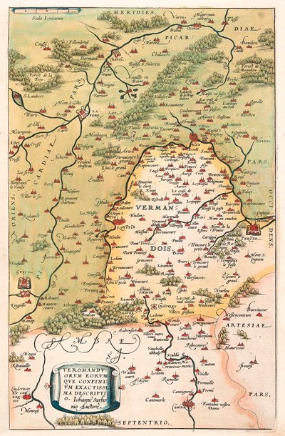 Popisná zeměpisná mapa území Vermandois a Pikardie v Galii (Francie) z „Theatrum Orbis Terrarum“ od Abrahama Orteliuse (Oertel, Ortell nebo Ortel od Abraham Ortelius