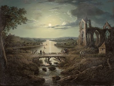 Měsíčný pohled na řeku Tweed s Melrose Abbey v popředí a postavami na mostě od Abraham Pether