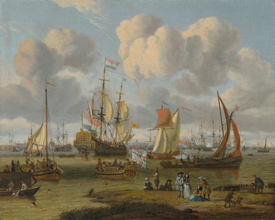 Nizozemsky: Schepen op het IJ voor Amsterdam Lodní doprava u Amsterdamu s postavami na nábřeží od Abraham Storck