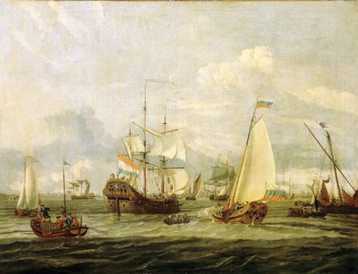 Ruský car Petr Veliký (1672-1725) při prohlídce lodi v Amsterdamu (Nizozemsko). Olej na plátně, autor Abraham Storck (1635-1710). od Abraham Storck