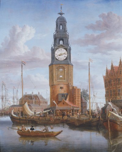 Pohled na Haringspacker Tower v Amsterdamu, s funkčním ciferníkem zasazeným do obrazu, 1684 (panel) od Abraham Storck