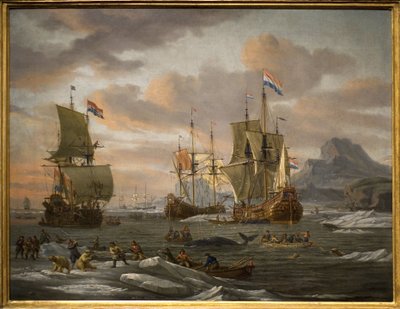 Lov velryb a ledních medvědů na ostrově Spitzberg (Arktický oceán) plavidly nizozemské flotily. Obraz od Abrahama Storcka (nebo Sturckenbuch od Abraham Storck
