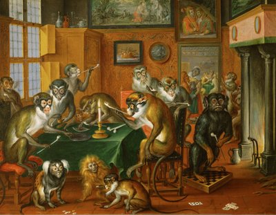 Tabakskollegium von Affen - Kuřácká společnost opic... (olej na mědi) od Abraham Teniers