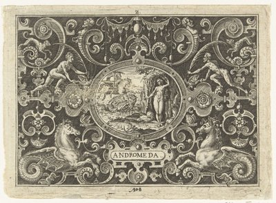 Kartuše: Perseus osvobozuje Andromedu Oválné kartuše s výjevy ze života Persea v rámci grotesek (název série) Andromeda (název na objektu) od Abraham de Bruyn