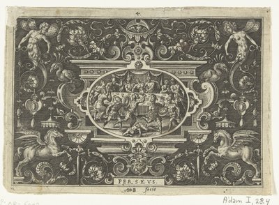Cartouche: Phineus naruší svatbu Persea a Andromedy PERSEUS (název na objektu) Oválné kartuše s výjevy ze života Persea v rámci grotesek (název série) od Abraham de Bruyn