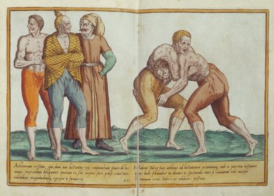 Turecký zápas, kostýmy ze šestnáctého století z Omnium Poene Gentium Imagines, vydané v Kolíně nad Rýnem, 1577 (ručně kolorovaná rytina) od Abraham de Bruyn